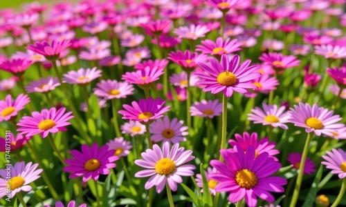 Vibrant pink spring daisies blanket a sun-drenched meadow, creating a breathtaking carpet of floral beauty. Delicate petals unfurl in the gentle breeze, wildflowers, petals