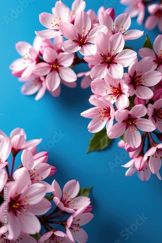 Vibrant blue backdrop adorned with a profusion of delicate white blossoms, image, blue background, peaceful
