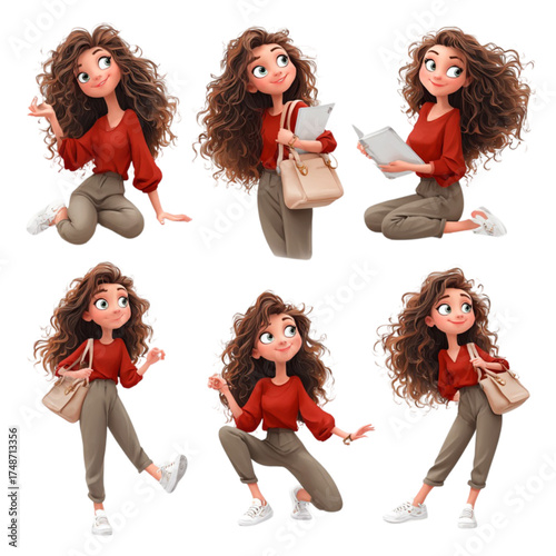 Set of a cute cartoon girl with long curly brown hair in various poses.