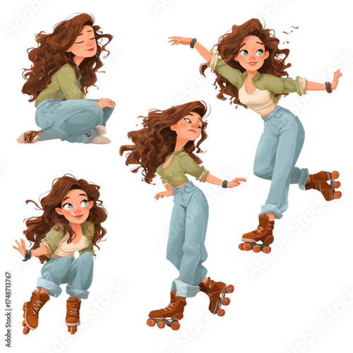 Set of illustrations of a cute cartoon girl with curly hair roller skating.