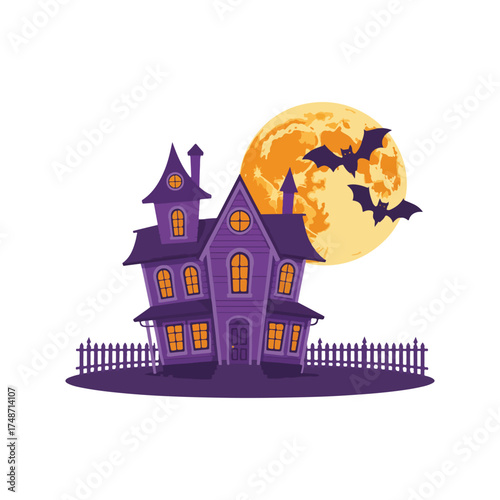 Haunted House Illustration Featuring Purple Gothic Building with Lit Windows, Black Picket Fence, Glowing Full Moon, and Flying Bats, Spooky Halloween Visual for Nighttime, Horror, and Fantasy.