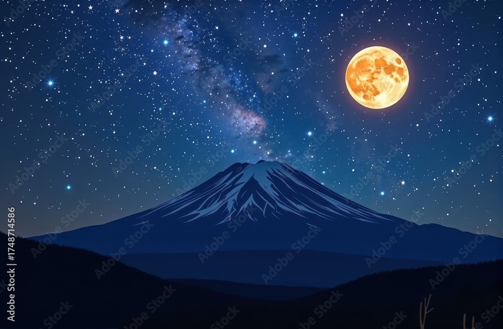 Fototapeta premium Majestic flat-topped mountain silhouetted against a star-studded night sky, illuminated by the moon, travel, summit, adventure
