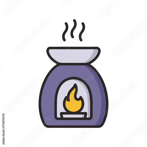 Essential Oil Burner Illustration Featuring Purple Ceramic Base with Flame, Shallow Bowl, and Rising Steam, Aromatherapy Visual for Wellness, Relaxation, and Home Atmosphere-Themed Content.