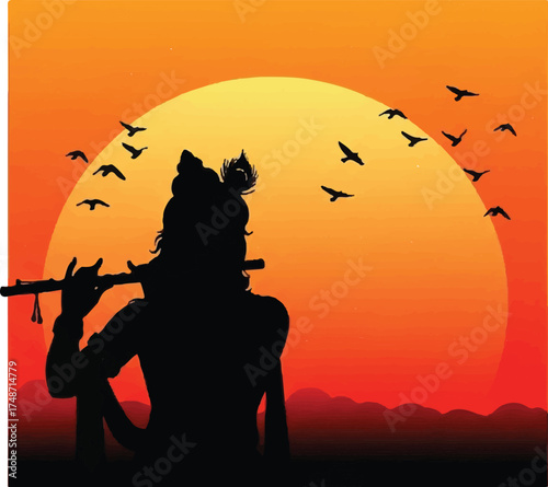 lord krishna playing flute on sunset or sunrise