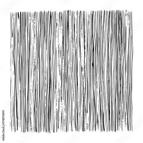 Vertical black lines with varying thicknesses and slight curves against a white background create a pattern