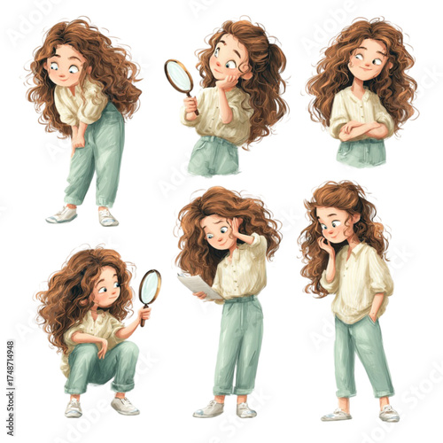 Set of illustrations of a curious girl with curly hair thinking and investigating.