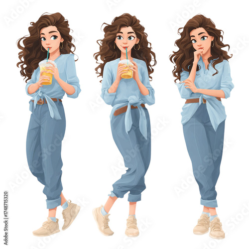 Set of a beautiful cartoon girl with long curly hair in different poses.