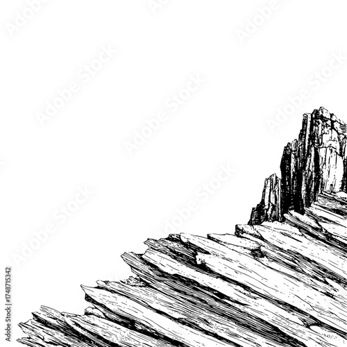 Illustration of a tall coniferous tree with detailed branches and needles in black and white outline style