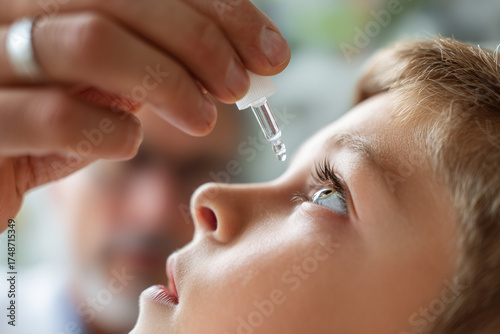 Close-up of a parent gently administering eye drops to a child's eye with a dropper, pediatric eye care and soothing treatment