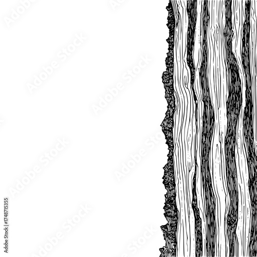 Detailed monochrome drawing of a rocky cliff face with layered textures and a stark white background space area