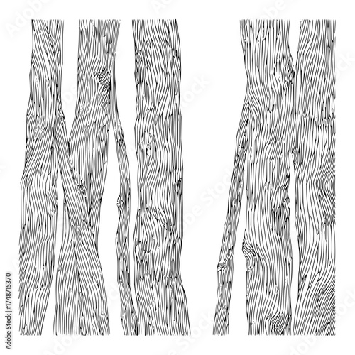 Detailed black and white drawing of a tree trunk with textured bark and wood grain on the right side