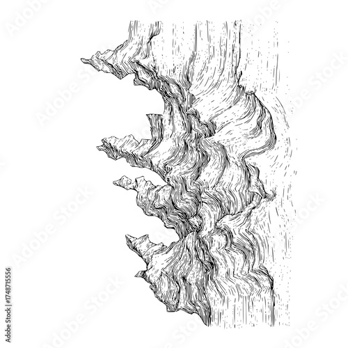 Abstract black and white pattern resembling tree bark or flowing water with textured lines and small dots