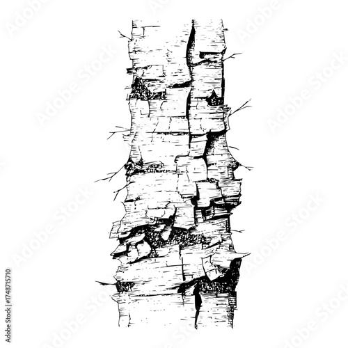Black and white illustration of birch trees with bare branches in a dense forest setting in winter