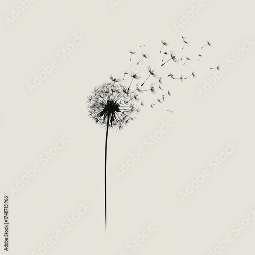 Minimalist black and white dandelion with seeds blowing away in the wind.