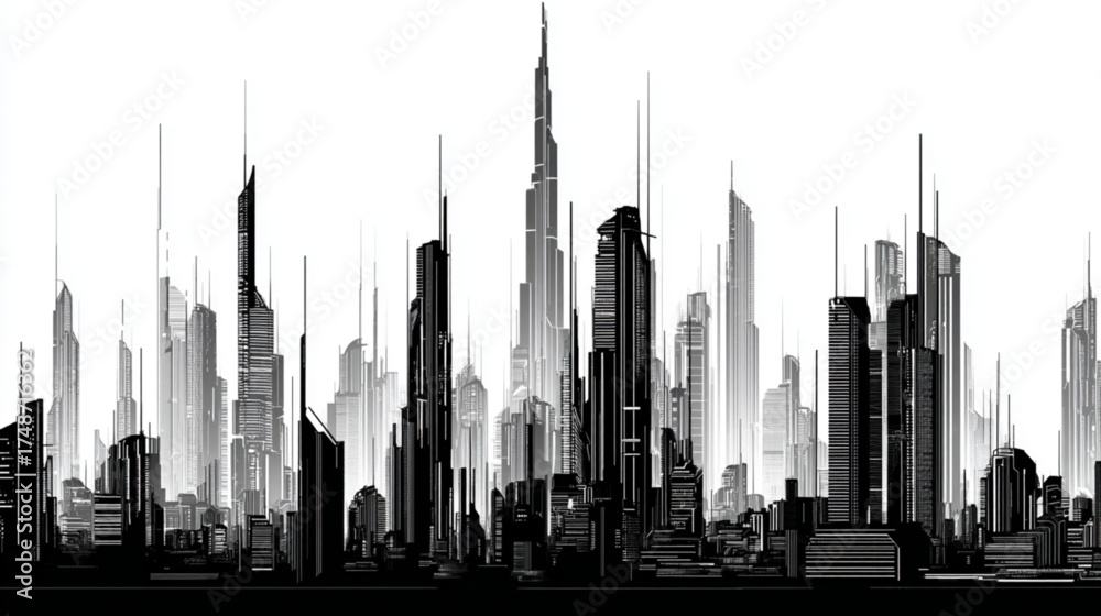 Obraz premium Monochrome abstract cityscape with towering futuristic skyscrapers.