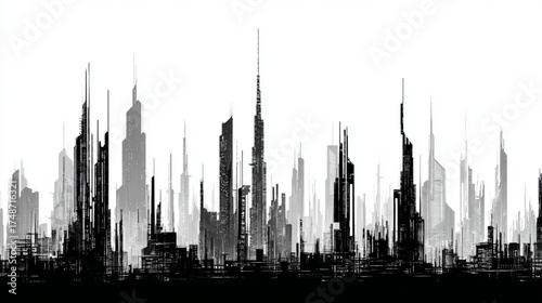 Abstract black and white city skyline silhouette illustration.
