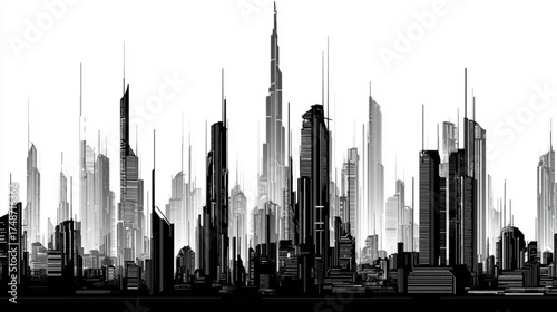 Monochrome abstract cityscape with towering futuristic skyscrapers.