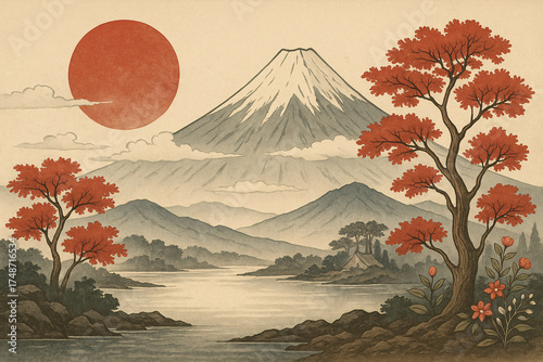 Vintage-style illustration of a serene Japanese landscape featuring Mount Fuji, a bold red sun, and autumnal trees with vibrant red foliage. Misty mountains and a reflective river 
