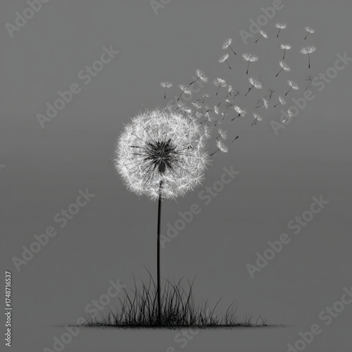 Monochrome dandelion illustration with seeds blowing in the wind.