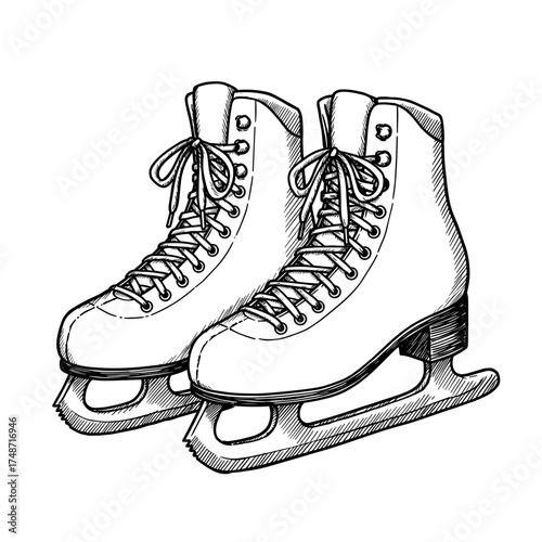 Ice skates in black and white sketch style vector illustration on transparent background    