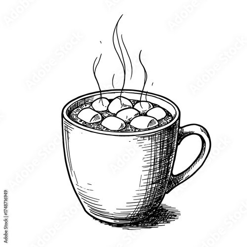 Hot chocolate drink with marshmallows on top in sketch style vector illustration on transparent background      