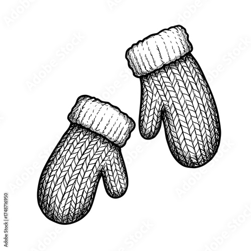 Knitted mittens with ribbed cuffs in simple monochrome design vector illustration on transparent background      