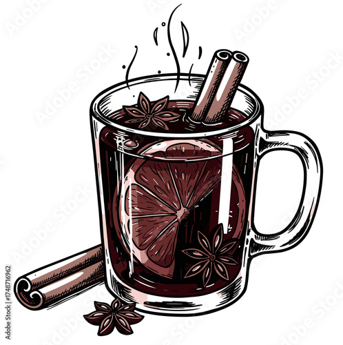 Hot spiced mulled wine with lemon and cinnamon in glass mug vector illustration on transparent background      