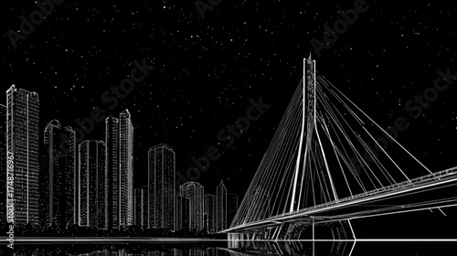 Monochrome Digital Illustration of a Cable Stayed Bridge and City Skyline.