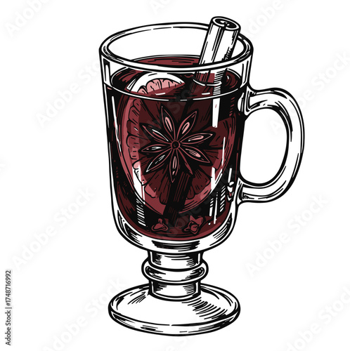 Warm spiced beverage with cinnamon stick in glass mug vector illustration on transparent background      