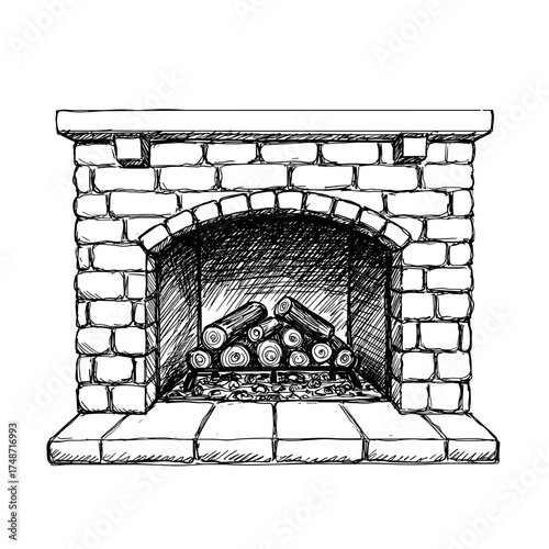 Hand-drawn stone fireplace with logs in a cozy interior setting vector illustration on transparent background      