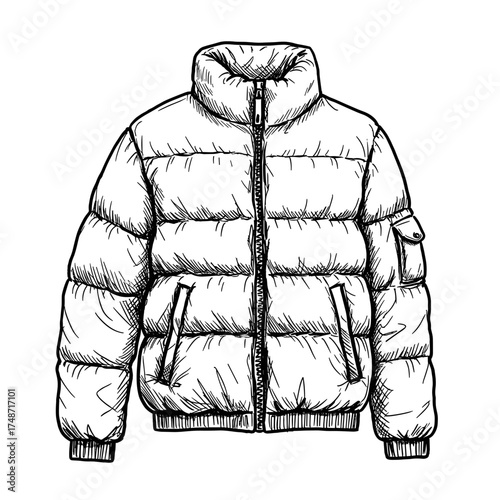 Sketch of a padded winter jacket in monochrome style vector illustration on transparent background    