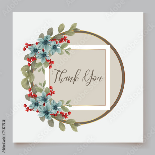 WEDDING INVITATION FRAME WITH FLOWER DECORATIONS AND FRESH LEAVES