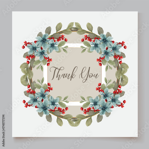 WEDDING INVITATION FRAME WITH FLOWER DECORATIONS AND FRESH LEAVES