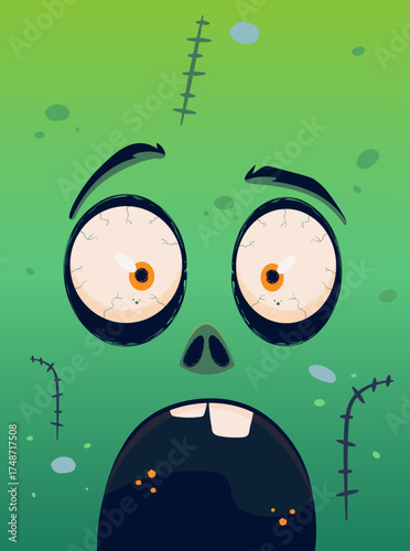Wide-eyed scared zombie face closeup. Cartoon vector facial parts on gradient green skin background.