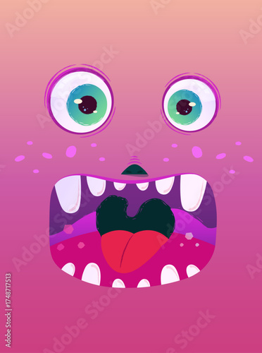 Surprised cute Halloween monster face closeup. Cartoon vector facial parts on gradient pink skin background.