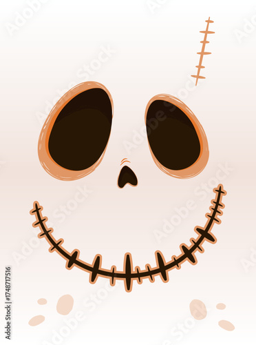 Skeleton face with stitched smile closeup. Cartoon vector facial parts on gradient skin background.