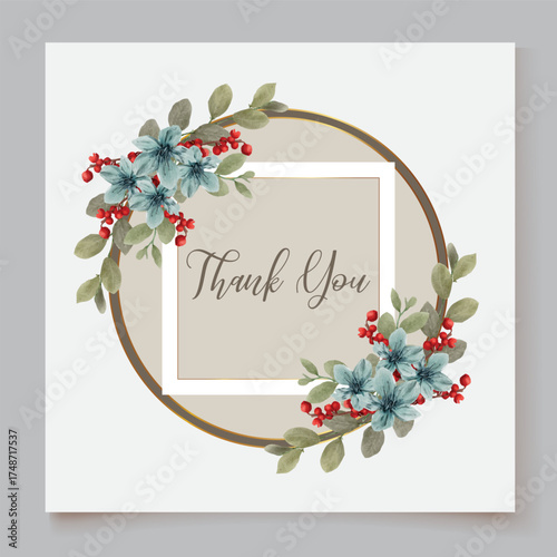 WEDDING INVITATION FRAME WITH FLOWER DECORATIONS AND FRESH LEAVES
