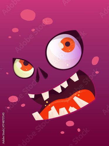 Wide-eyed angry monster face closeup. Cartoon vector facial parts on gradient magenta skin background.