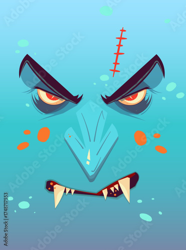 Angry vampire Halloween monster. Cartoon vector facial parts on blue gradient skin background.