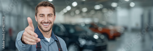 A positive mechanic extends his hand for a handshake in a car repair shop