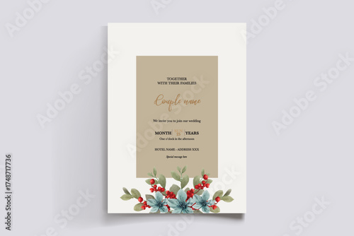 WEDDING INVITATION FRAME WITH FLOWER DECORATIONS AND FRESH LEAVES
