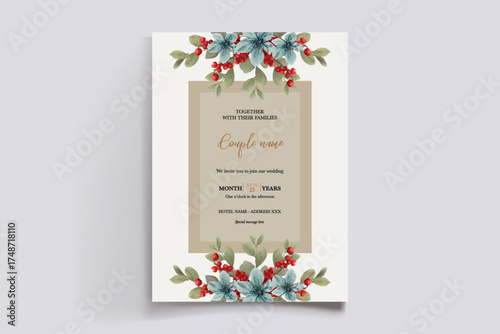 WEDDING INVITATION FRAME WITH FLOWER DECORATIONS AND FRESH LEAVES