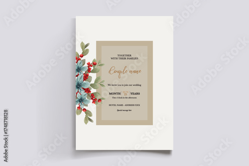 WEDDING INVITATION FRAME WITH FLOWER DECORATIONS AND FRESH LEAVES