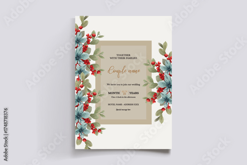 WEDDING INVITATION FRAME WITH FLOWER DECORATIONS AND FRESH LEAVES