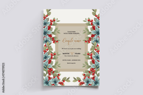 WEDDING INVITATION FRAME WITH FLOWER DECORATIONS AND FRESH LEAVES