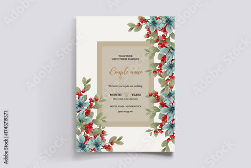WEDDING INVITATION FRAME WITH FLOWER DECORATIONS AND FRESH LEAVES