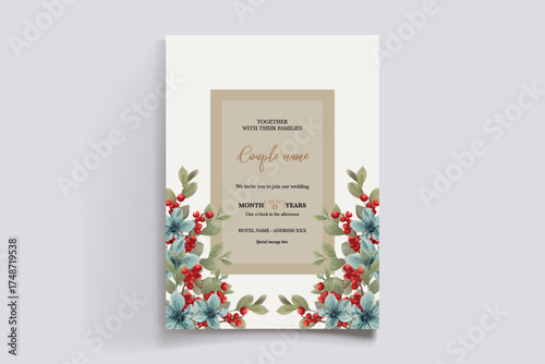 WEDDING INVITATION FRAME WITH FLOWER DECORATIONS AND FRESH LEAVES