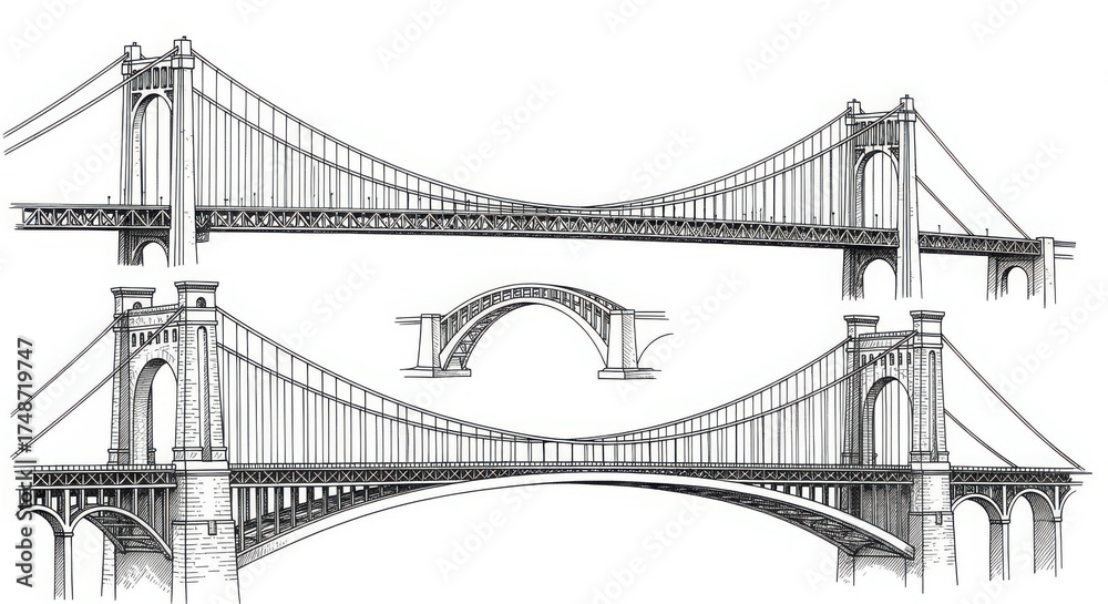 Naklejka premium Detailed ink sketch of two large suspension bridges and a smaller arch bridge isolated on white background