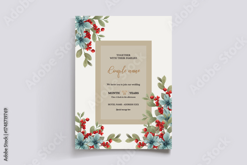 WEDDING INVITATION FRAME WITH FLOWER DECORATIONS AND FRESH LEAVES