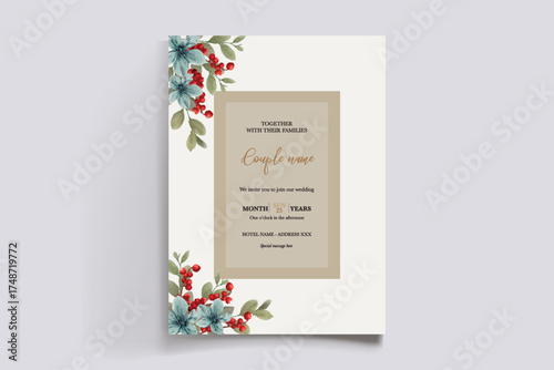 WEDDING INVITATION FRAME WITH FLOWER DECORATIONS AND FRESH LEAVES